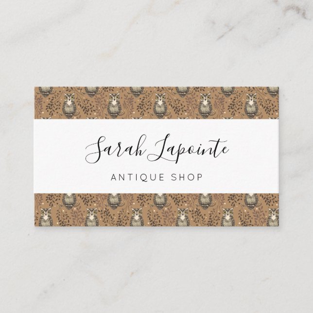 Brown Owl Illustrated Woodland Pattern Business Card (Front)