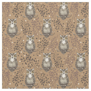Brown Owl Illustrated Woodland Pattern Fabric