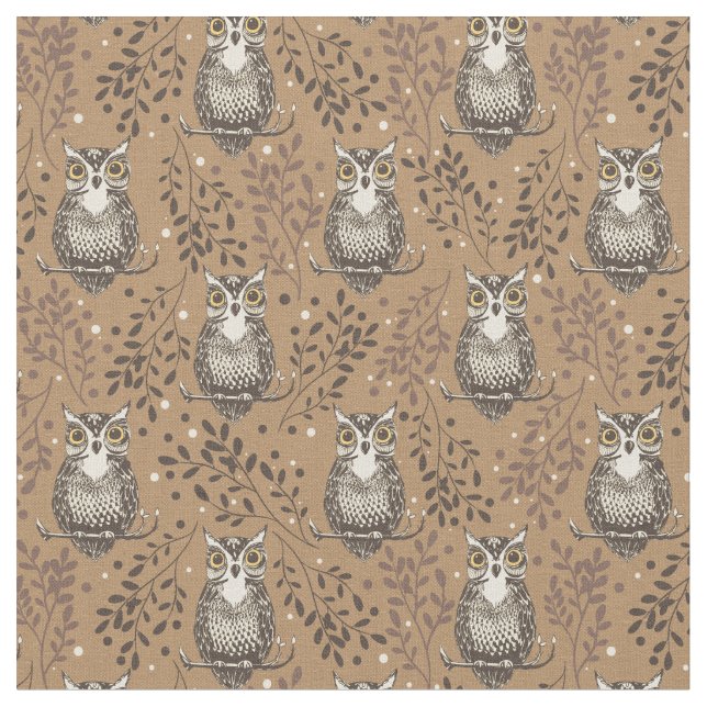 Brown Owl Illustrated Woodland Pattern Fabric (Close Up)