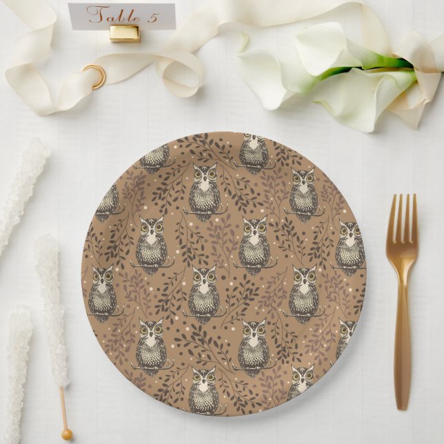 Brown Owl Illustrated Woodland Pattern Paper Plate (Wedding)
