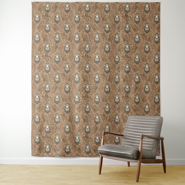 Brown Owl Illustrated Woodland Pattern Tapestry (In Situ)