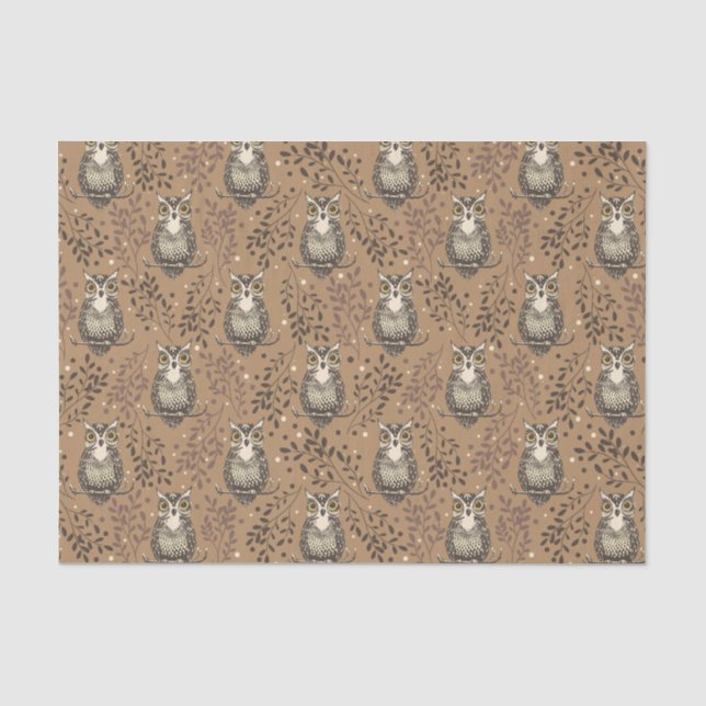 Brown Owl Illustrated Woodland Pattern Tissue Paper (Front)