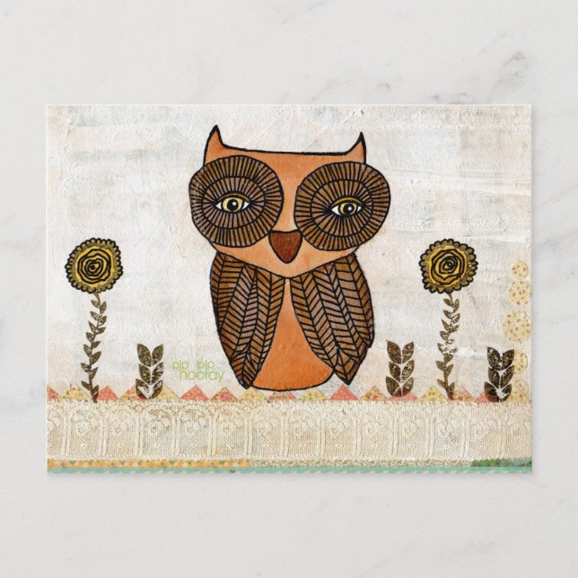 Brown Owl Lace and Flowers Mixed Media Art Postcard (Front)