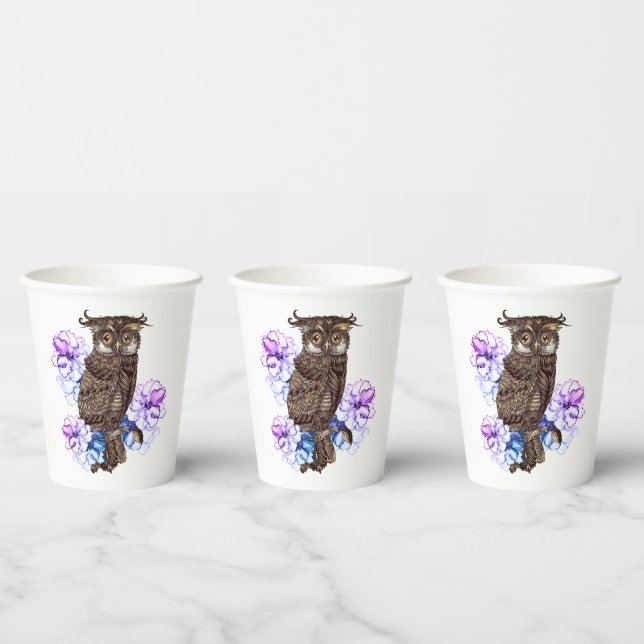 Brown Owl Purple Flowers  Paper Cups (Multi)
