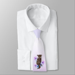 Brown Owl Purple Flowers Tie
