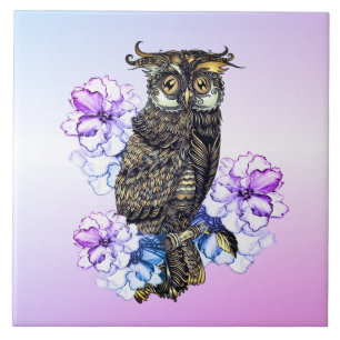 Brown Owl Purple Flowers  Tile