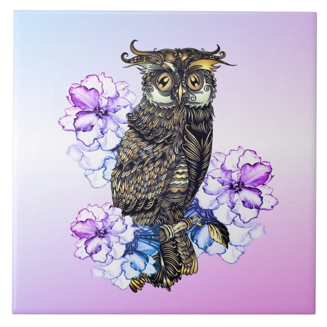 Brown Owl Purple Flowers  Tile (Front)