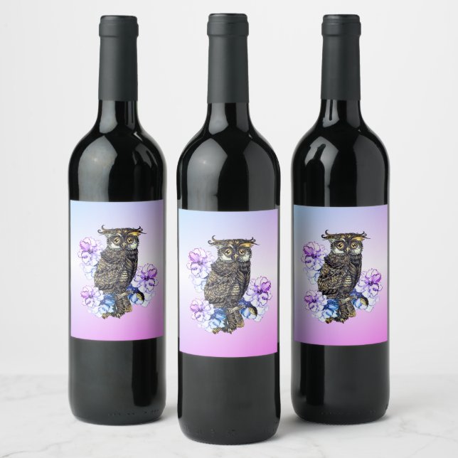 Brown Owl Purple Flowers  Wine Label (Bottles)