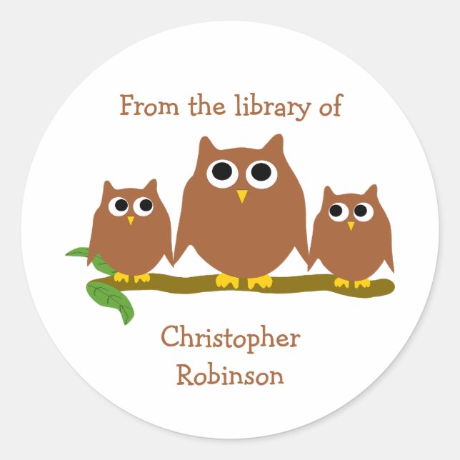 Brown Owls Design Bookplate Classic Round Sticker (Front)