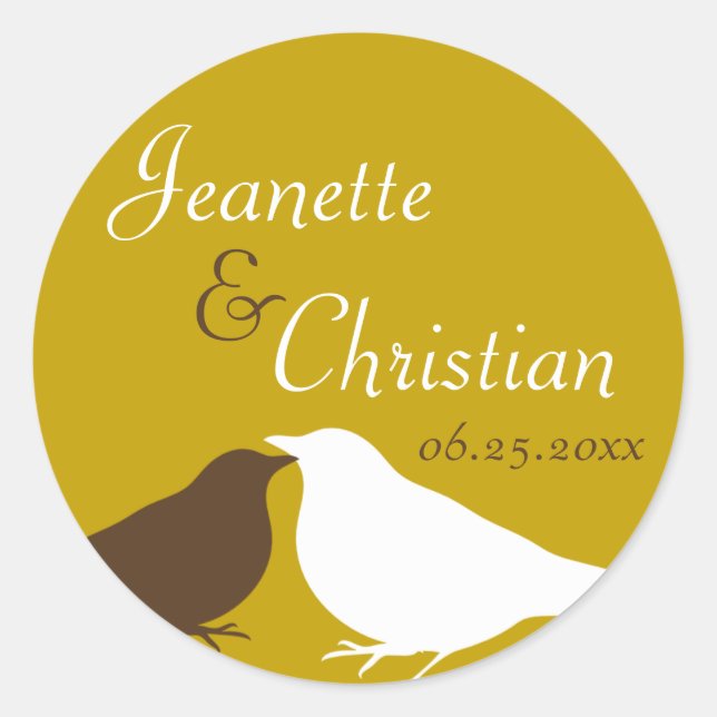 Brown pair love birds wedding favour seal label (Front)
