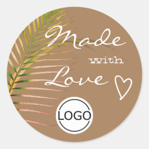Brown Palm Tree Leaf Made with Love Logo Template Classic Round Sticker