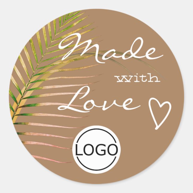 Brown Palm Tree Leaf Made with Love Logo Template Classic Round Sticker (Front)