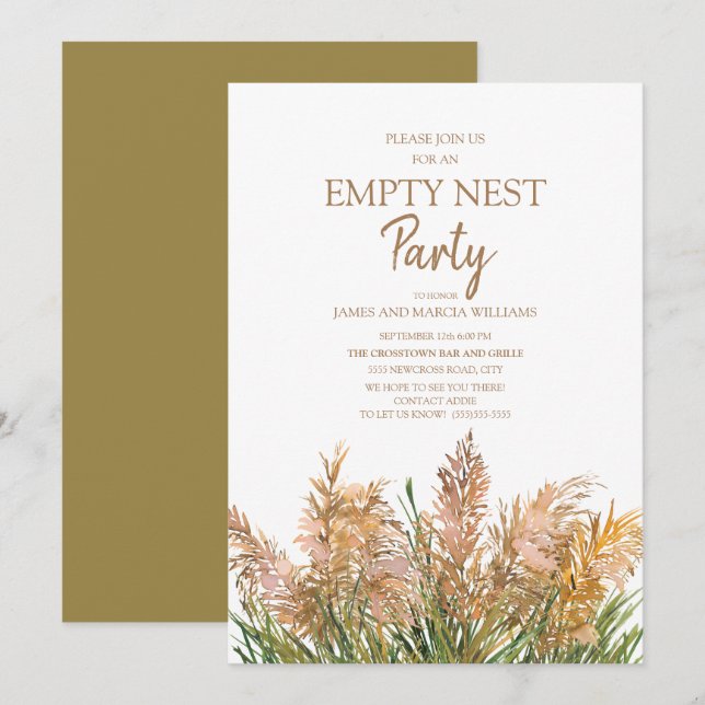 Brown Pampas Grass Green White Empty Nest Party Invitation (Front/Back)