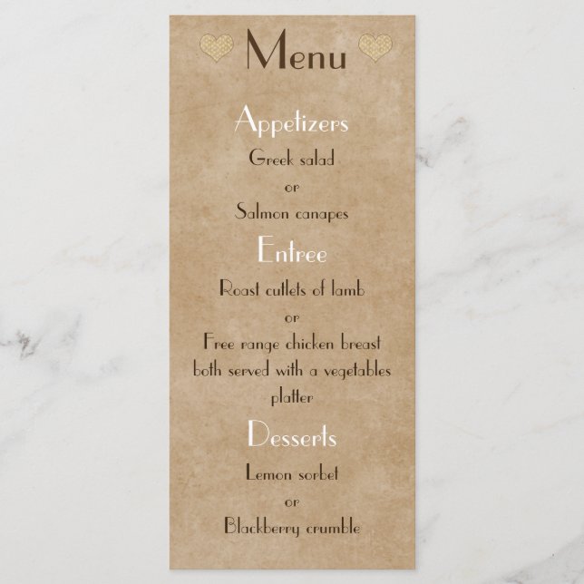 Brown Paper Bag Rustic Heart Wedding Menu List (Front)