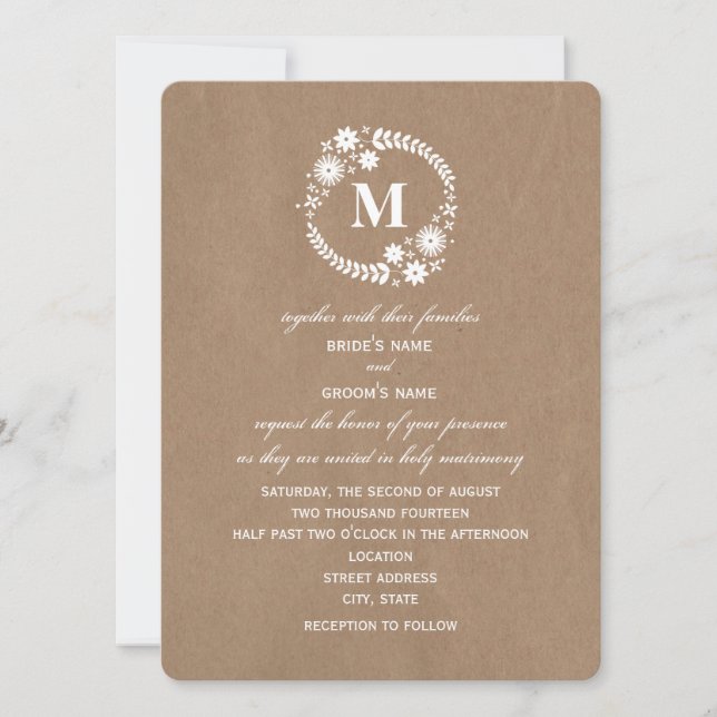 Brown Paper Inspired White Wreath Monogram Wedding Invitation (Front)