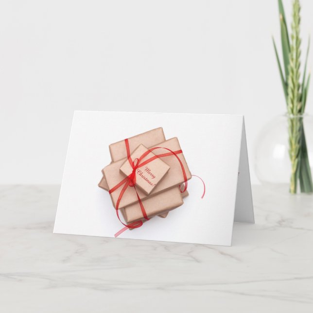 Brown paper packages tied with red ribbon holiday card (Front)