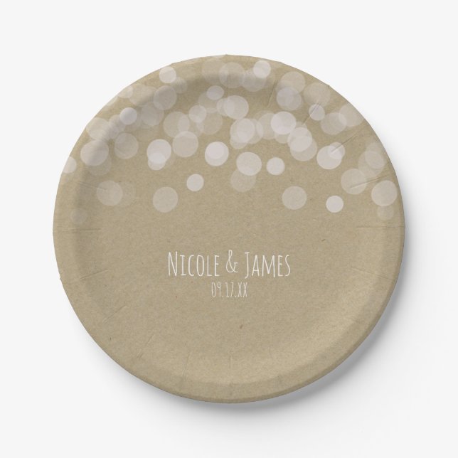 Brown Paper Simple Rustic White Lights Wedding Paper Plate (Front)