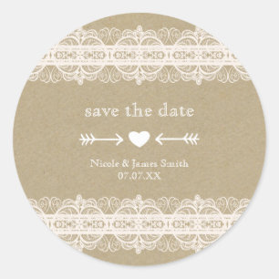 Brown Paper & White Lace Natural Rustic Wedding Classic Round Sticker