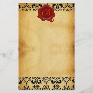 BROWN PARCHMENT DAMASK , RED WAX SEAL MONOGRAM STATIONERY