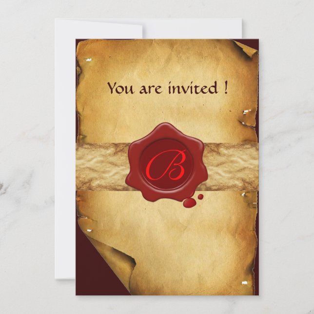 BROWN PARCHMENT ,RED WAX SEAL MONOGRAM INVITATION (Front)