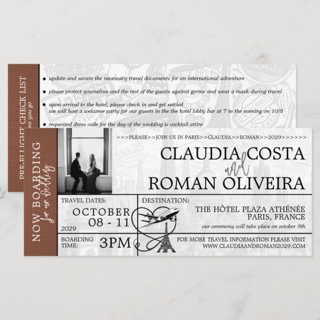 Brown Paris Wedding Boarding Pass (Front/Back)