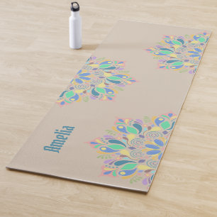 Brown Pastel Zen Flower Watercolor Mandala Yoga Mat