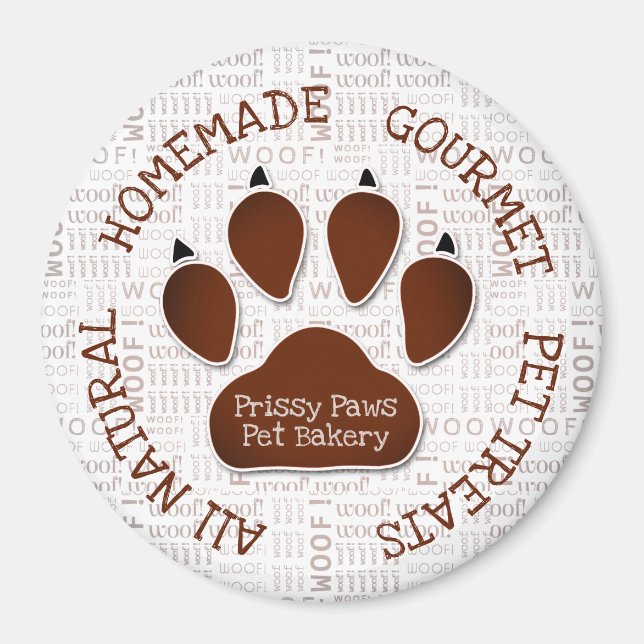 Brown Paw Print with Business Name and Woof Art Magnet (Front)