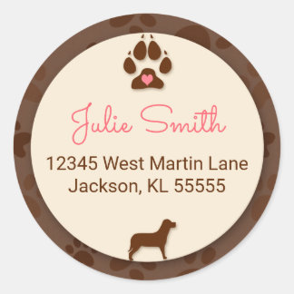 Brown Paw Print with Pink for Dog Lover's Address Classic Round Sticker