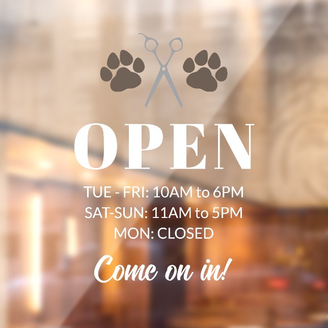 Brown Paws Scissors Open Hours Dog Grooming Window Cling (Sheet 2)