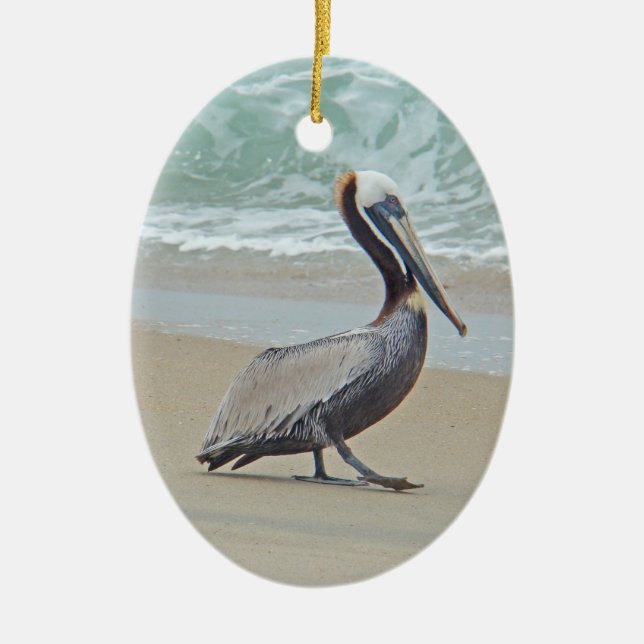 Brown Pelican on Beach Ceramic Ornament (Front)