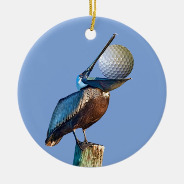 Brown Pelican with Golf Ball Ceramic Ornament (Front)