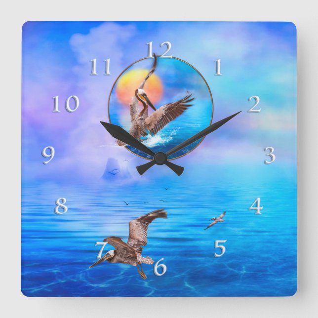 Brown Pelicans SUN KISSED ISLAND Square Wall Clock (Front)