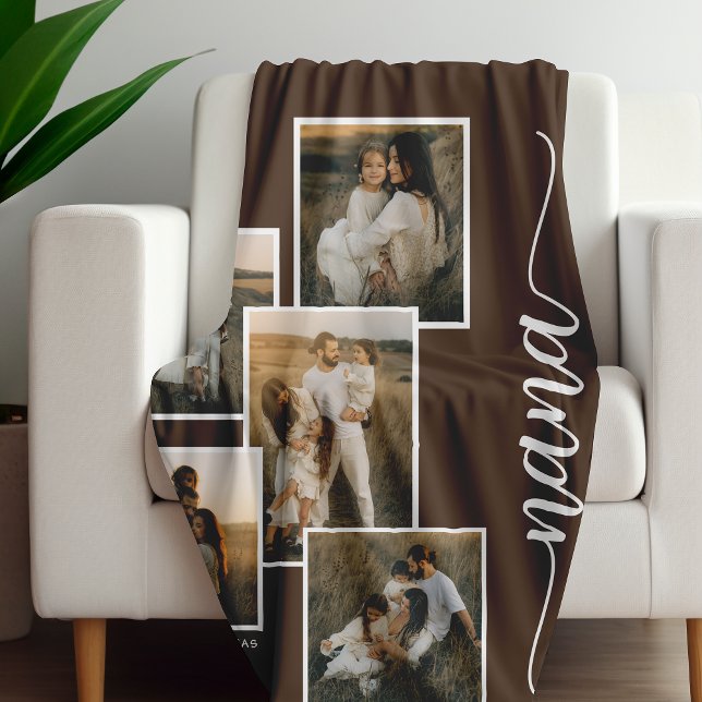 Brown Personalized Nana Grandkid 5 Photo Collage  Fleece Blanket (Creator Uploaded)