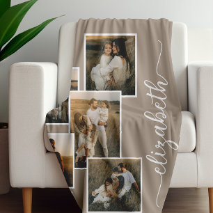 Brown Personalized With Name 5 Photo Collage  Fleece Blanket