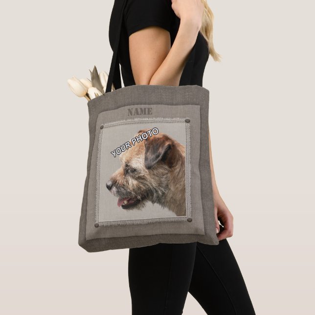 Brown Pet Portrait Photo Rustic decorative fringe Tote Bag (Close Up)