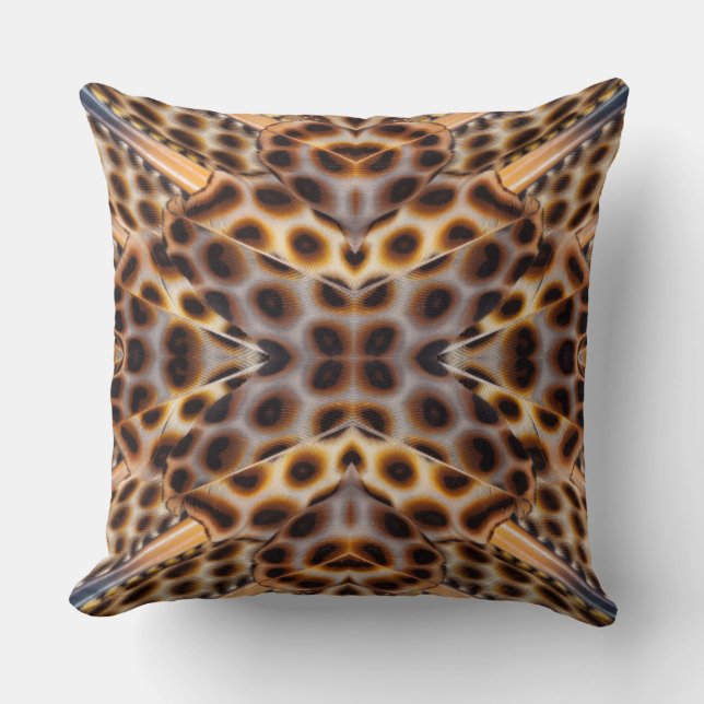 Brown pheasant feather kaleidoscope throw pillow (Front)