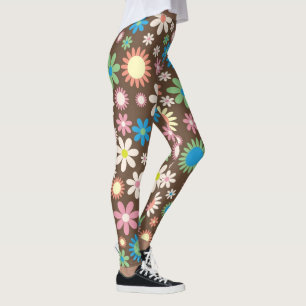 Brown, pink and blue retro Flowers Leggings