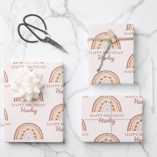 Brown Pink Boho Rainbow Custom Name Birthday Gift Wrapping Paper Sheet (Front)