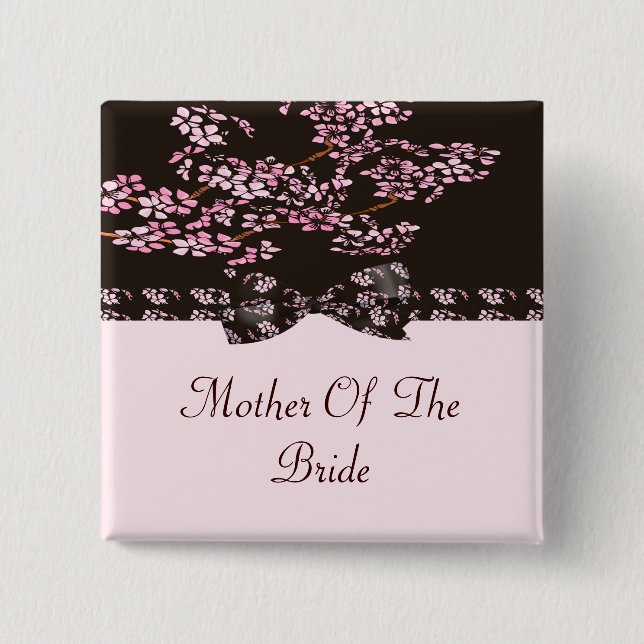 Brown & Pink Cherry Blossom Tree Wedding 2 Inch Square Button (Front)