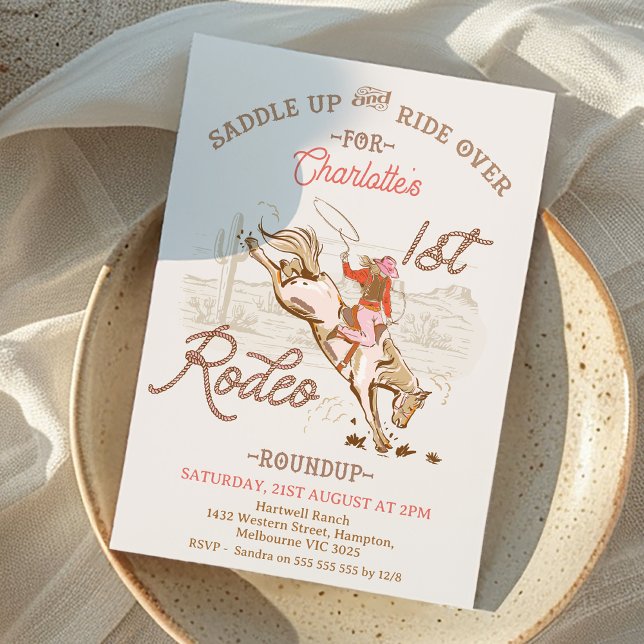 Brown Pink Cowgirl First Rodeo 1st Birthday  Invitation (Girls First Rodeo Birthday Invitation, Cowgirl First Rodeo 1st Birthday Invitation, Horse Western)