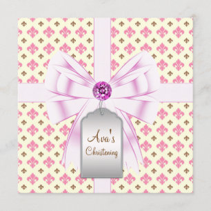Brown Pink Fleur de Lis Baby Christening Invitation