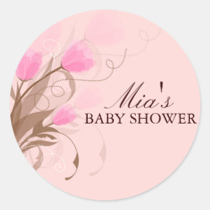 Brown & Pink Floral Design Baby Shower Sticker