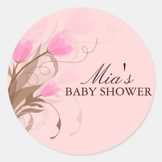 Brown & Pink Floral Design Baby Shower Sticker (Front)