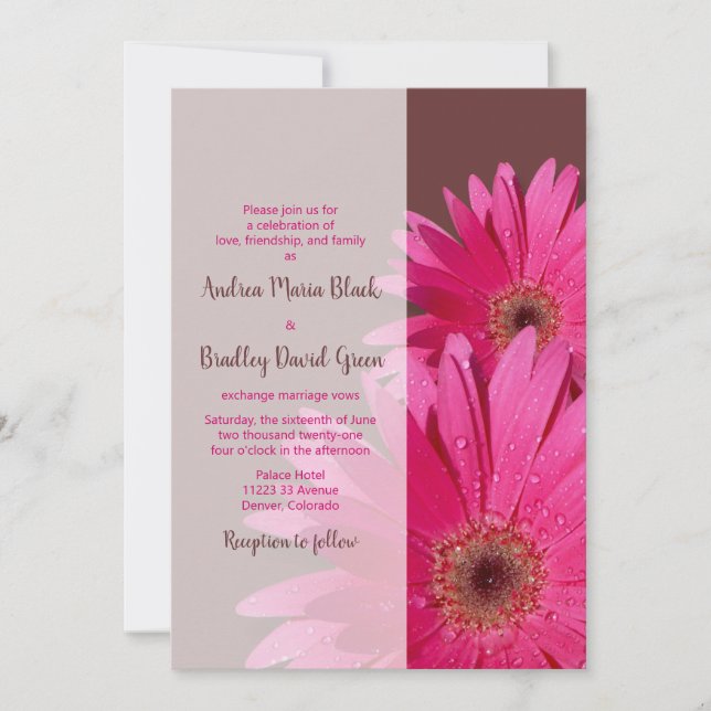 Brown & Pink Gerbera Daisy Wedding Invitation (Front)