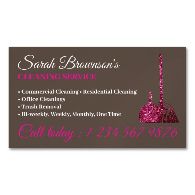 Brown Pink Glamourous Cleaning Service Janitorial Magnetic Business Card (Front)
