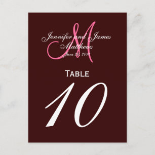 Brown Pink Monogram Wedding Table Number Cards