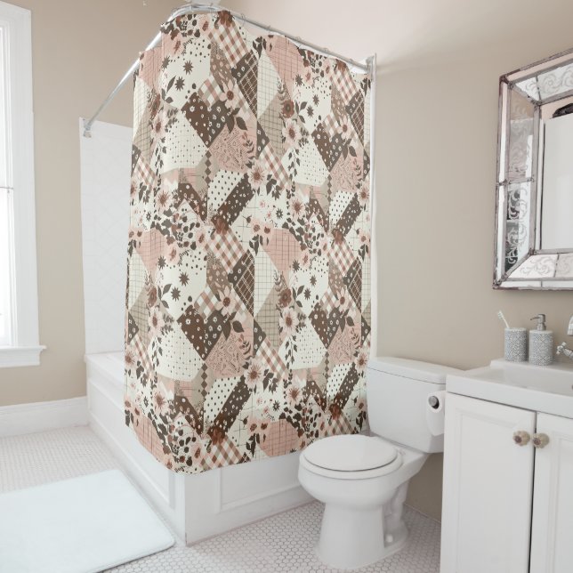 Brown Pink Patchwork Quilt Floral Retro  (In Situ)
