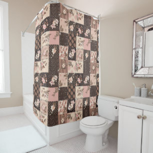 Brown Pink Patchwork Quilt Floral Retro