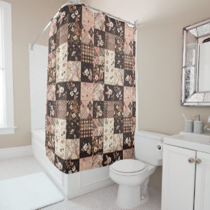 Brown Pink Patchwork Quilt Floral Retro
