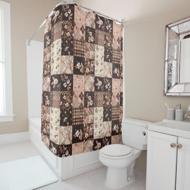 Brown Pink Patchwork Quilt Floral Retro  (In Situ)